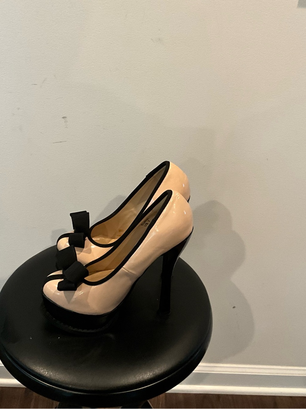 Madison Nude Patent Platform Pumps with Black Bow